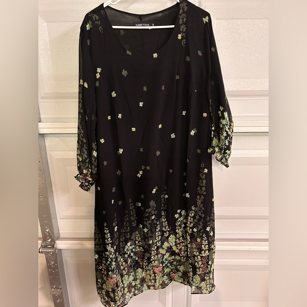 Black Floral Dress with Green Accents